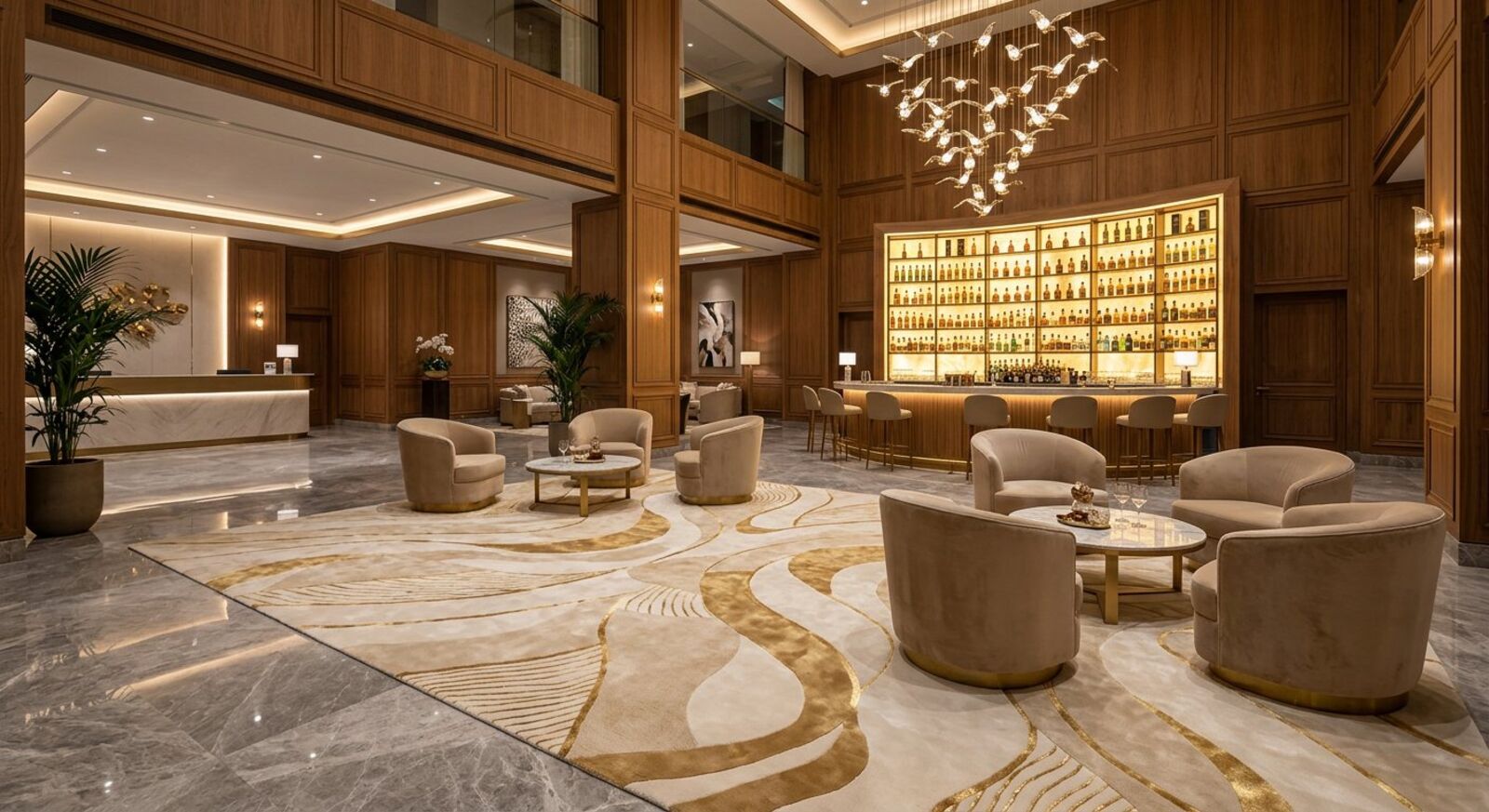 Lobby luxueux avec tapis sur mesure or et blanc, signature Stellor by Maison Hamache